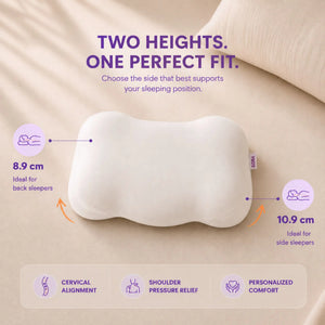 SORA Cloud ergonomic pillow dual height diagram — 8.9cm for back sleepers and 10.9cm for side sleepers, cervical alignment and shoulder pressure relief