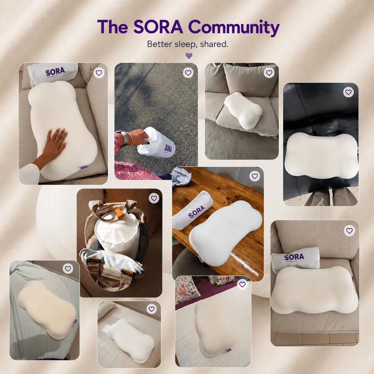 SORA Cloud ergonomic pillow customer photo collage — real users sharing their SORA experience at home, on the go and everyday settings