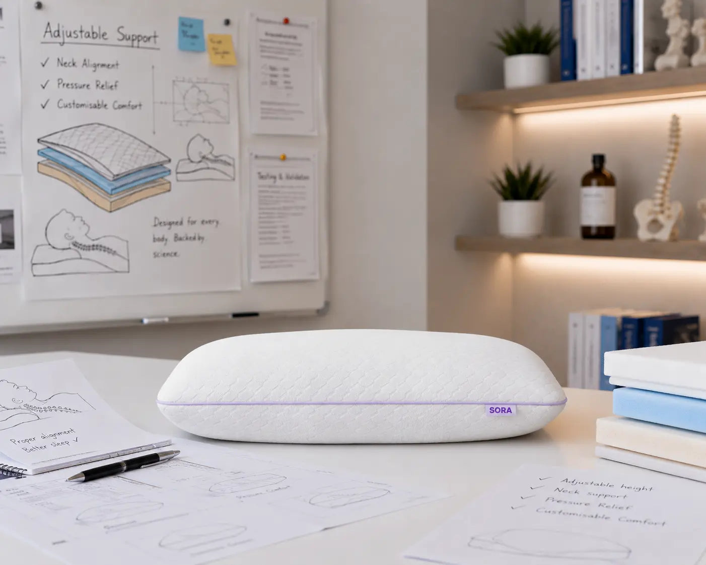 SORA Adjust ergonomic pillow on a clinical desk with ergonomic research notes, spine model and adjustable support diagrams in background