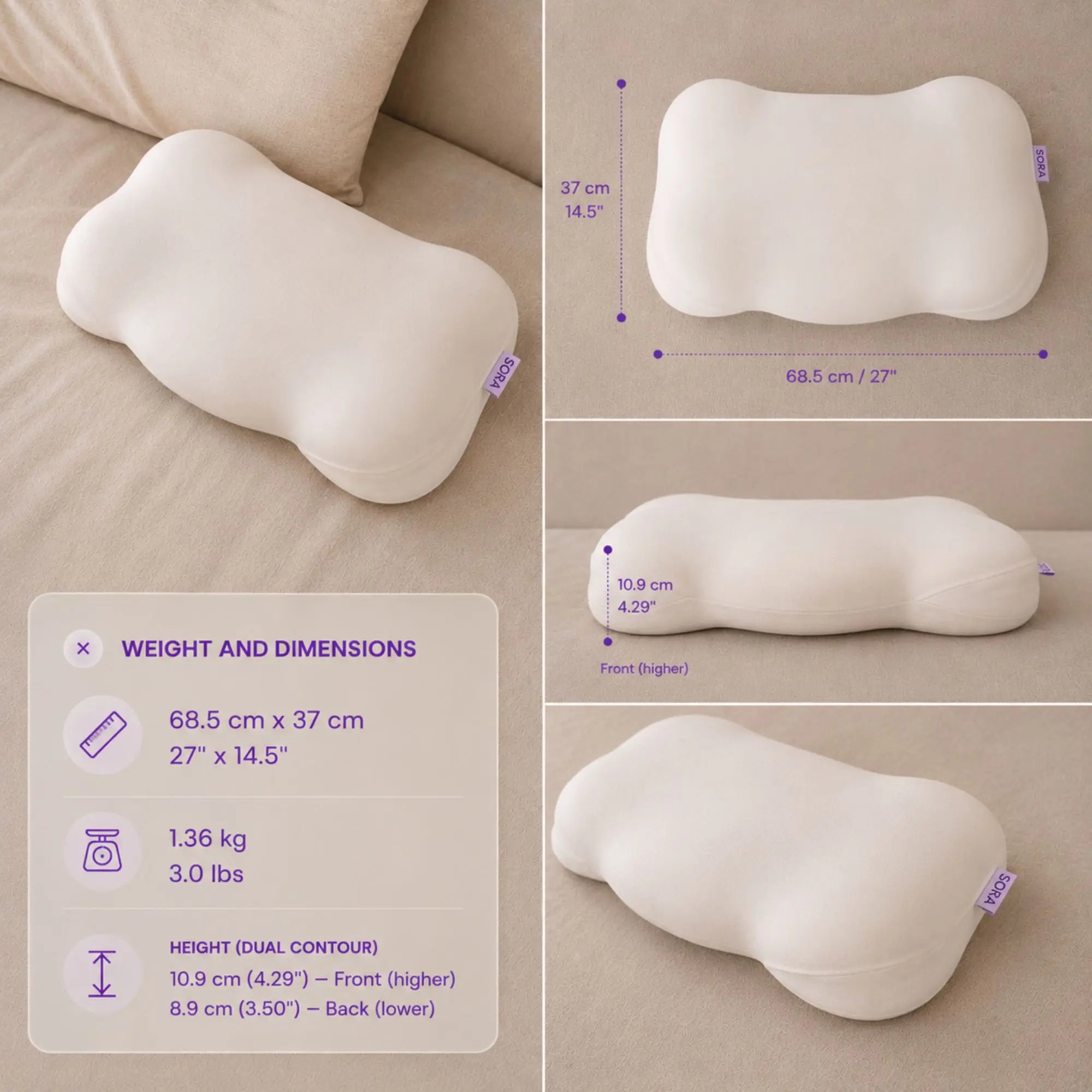 SORA Cloud ergonomic pillow dimensions — 68.5x37cm, dual contour height 10.9cm for side sleepers and 8.9cm for back sleepers, weight 1.36kg