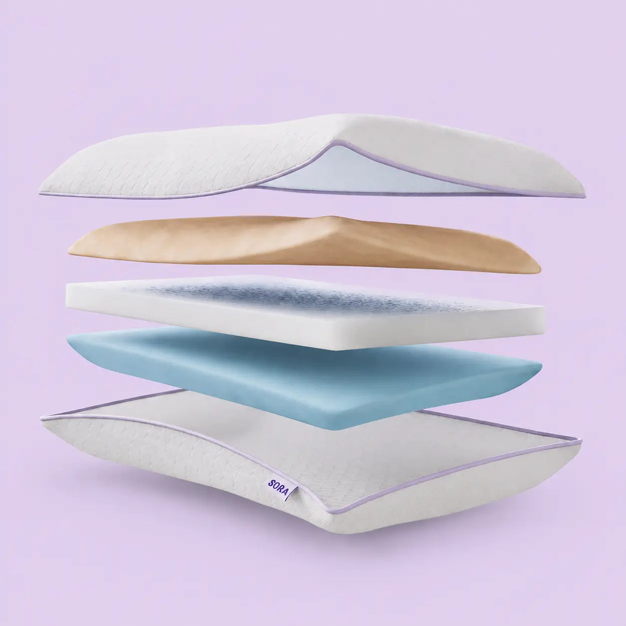 SORA Adjust exploded layer view on lavender background — CleanWeave™ cover, NeckFlex™ adaptive layer, FlexBalance™ transition layer, and ViscoCool™ cooling base separated to show full construction