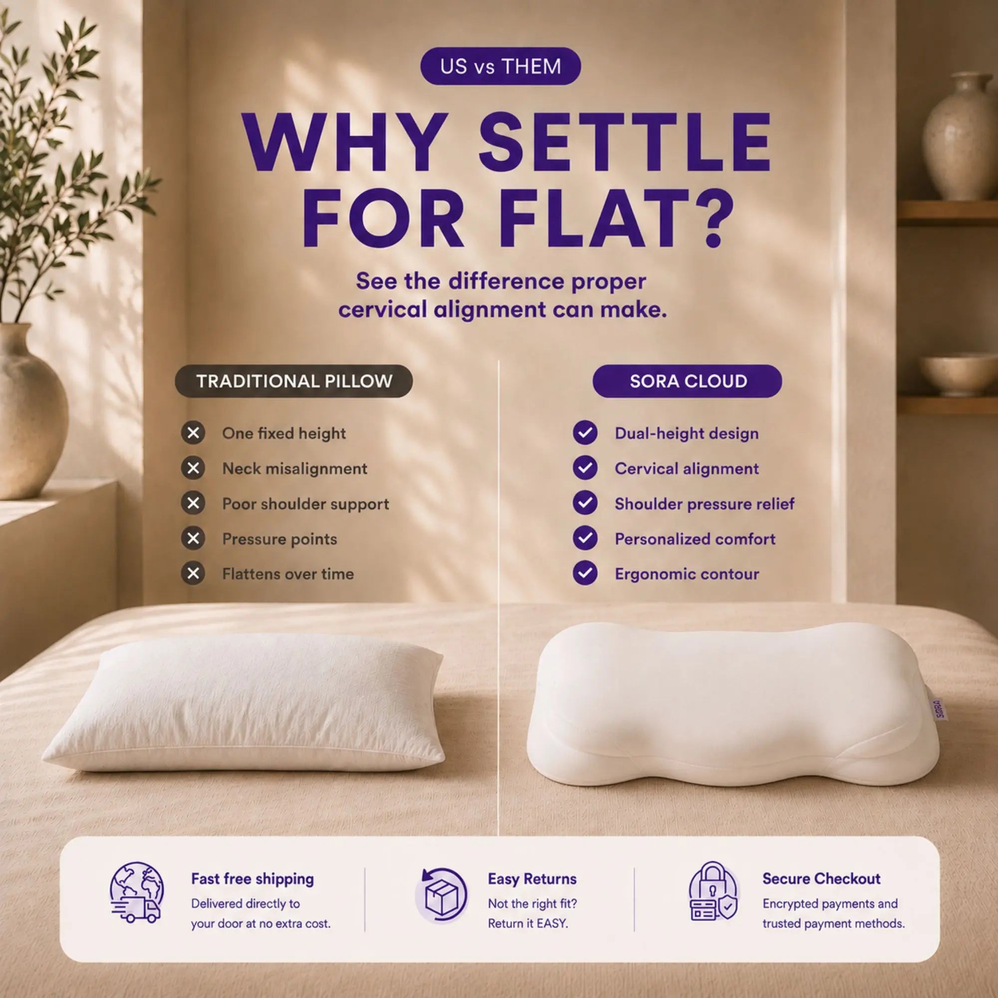 SORA Cloud vs traditional pillow comparison — cervical alignment, dual-height design and shoulder pressure relief versus neck misalignment and pressure points