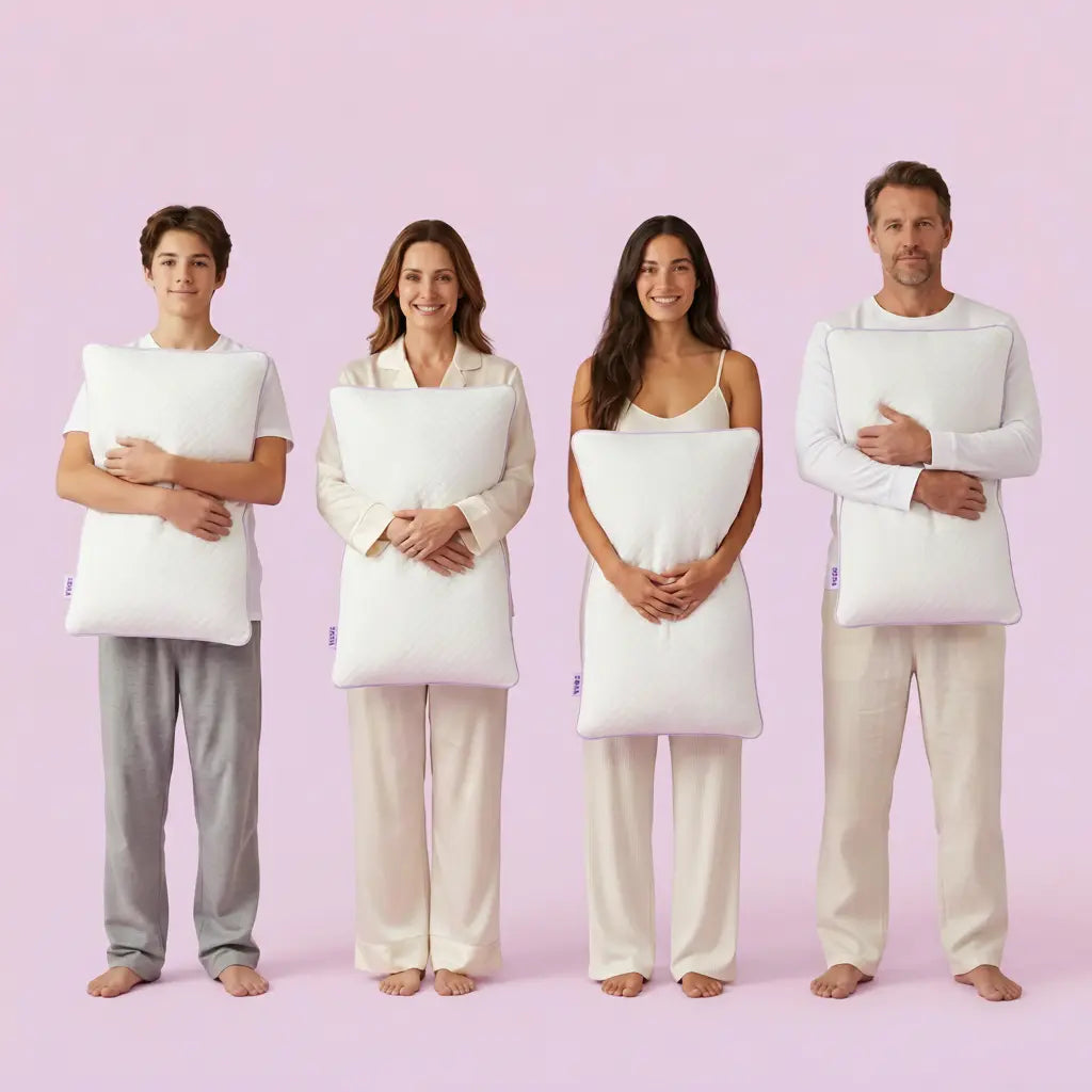 Family of four holding SORA Adjust ergonomic pillows on lavender background — lifestyle image showing the pillow suits all ages and body types
