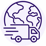 SORA worldwide shipping icon — delivery truck with world map illustration in purple