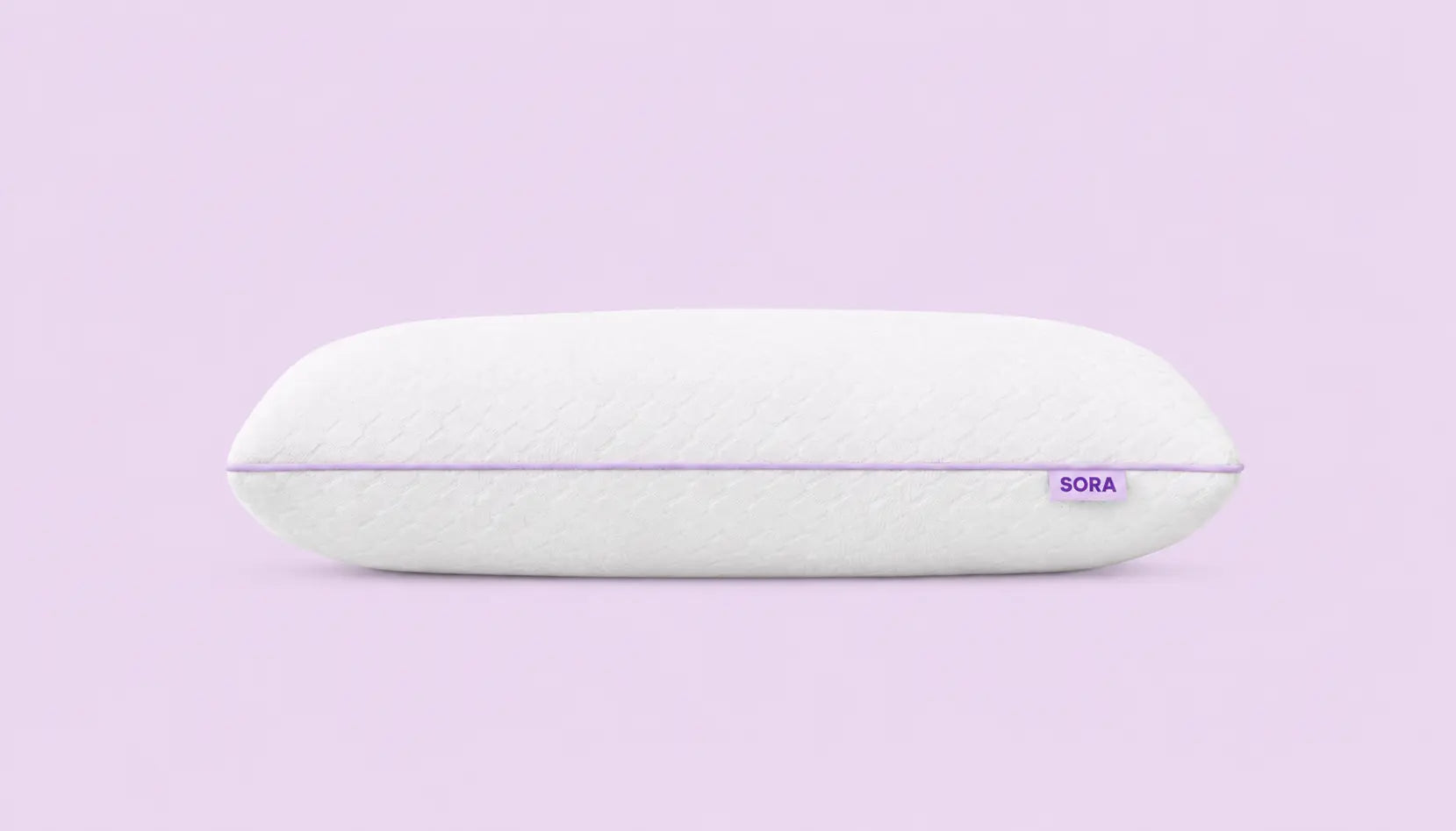 SORA Adjust ergonomic pillow side profile on lavender background — showing full height and CleanWeave™ cover construction with SORA label