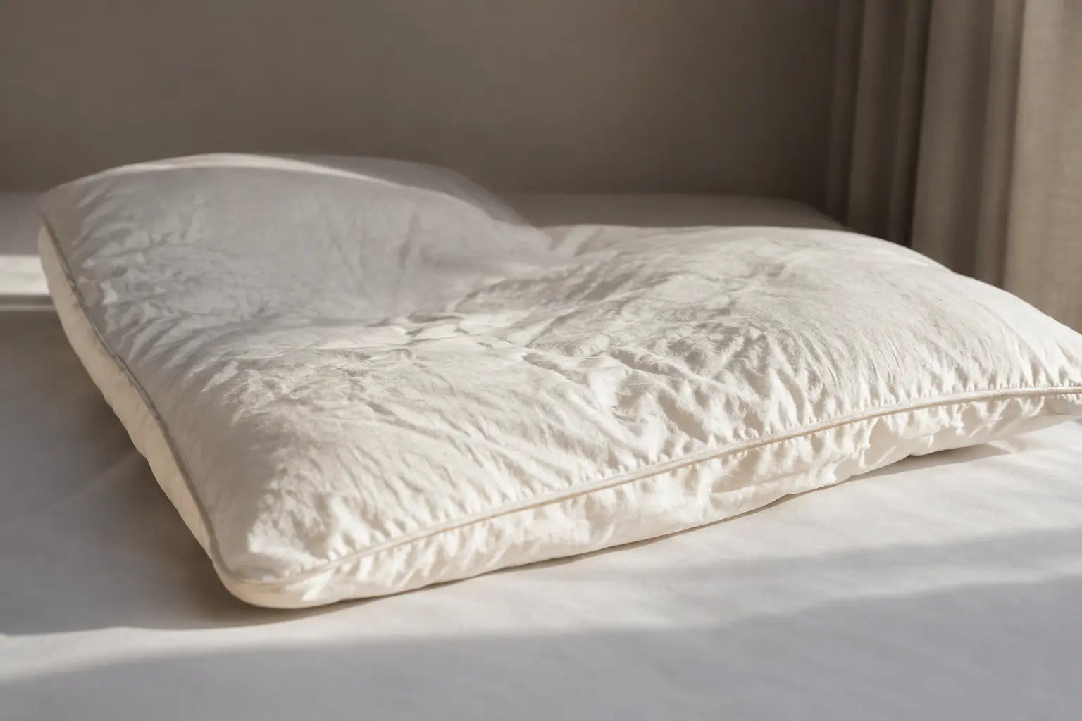 Flat worn-out conventional pillow on a bed — showing lack of neck support and shape compared to an ergonomic contoured pillow