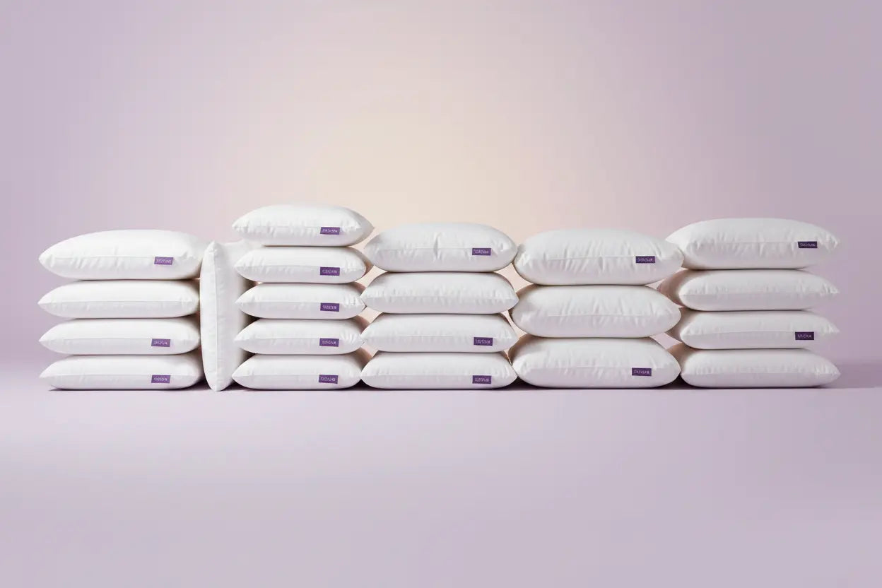 Large stack of SORA Adjust ergonomic pillows on lavender background — banner image showing scale and volume of SORA sleep products
