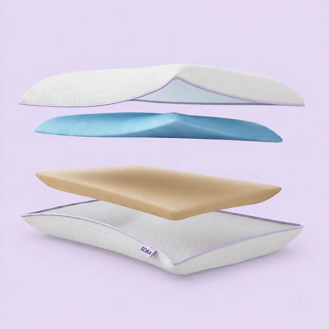 SORA Adjust two-layer configuration on lavender background — CleanWeave™ cover with ViscoCool™ and NeckFlex™ foam layers separated, showing 7 cm height setup