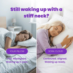 Split image flat regular pillow causing neck pain versus SORA Cloud ergonomic pillow aligned comfortable sleep