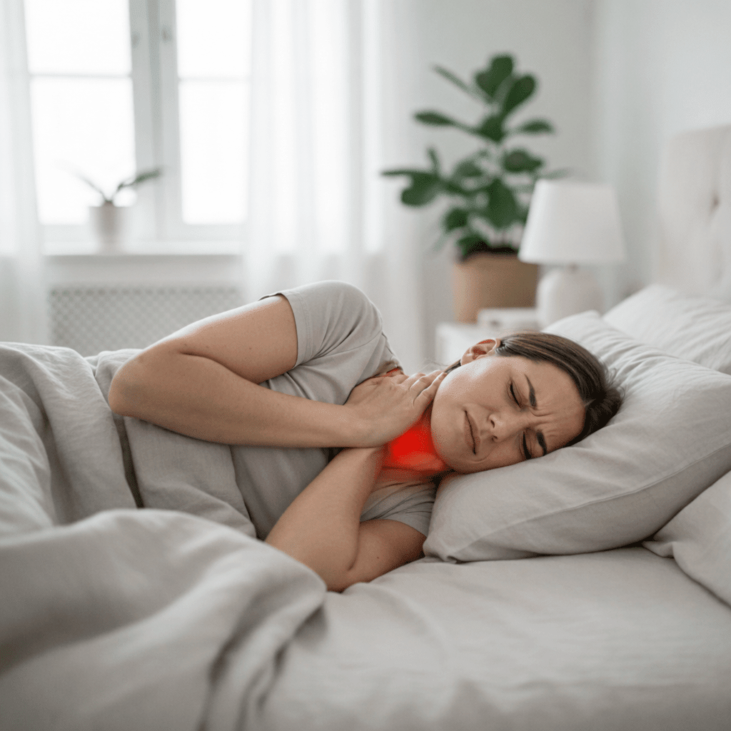 Person waking up in bed holding their neck in pain — illustrating morning neck stiffness caused by an unsupportive pillow and poor cervical alignment during sleep