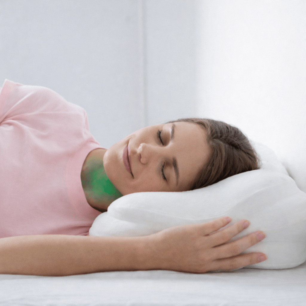 Woman sleeping peacefully on her side with correct spinal alignment — head level with spine, neck supported by the SORA Cloud ergonomic pillow, shoulders relaxed