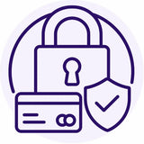 SORA secure payment icon — padlock, credit card and verified shield illustration in purple