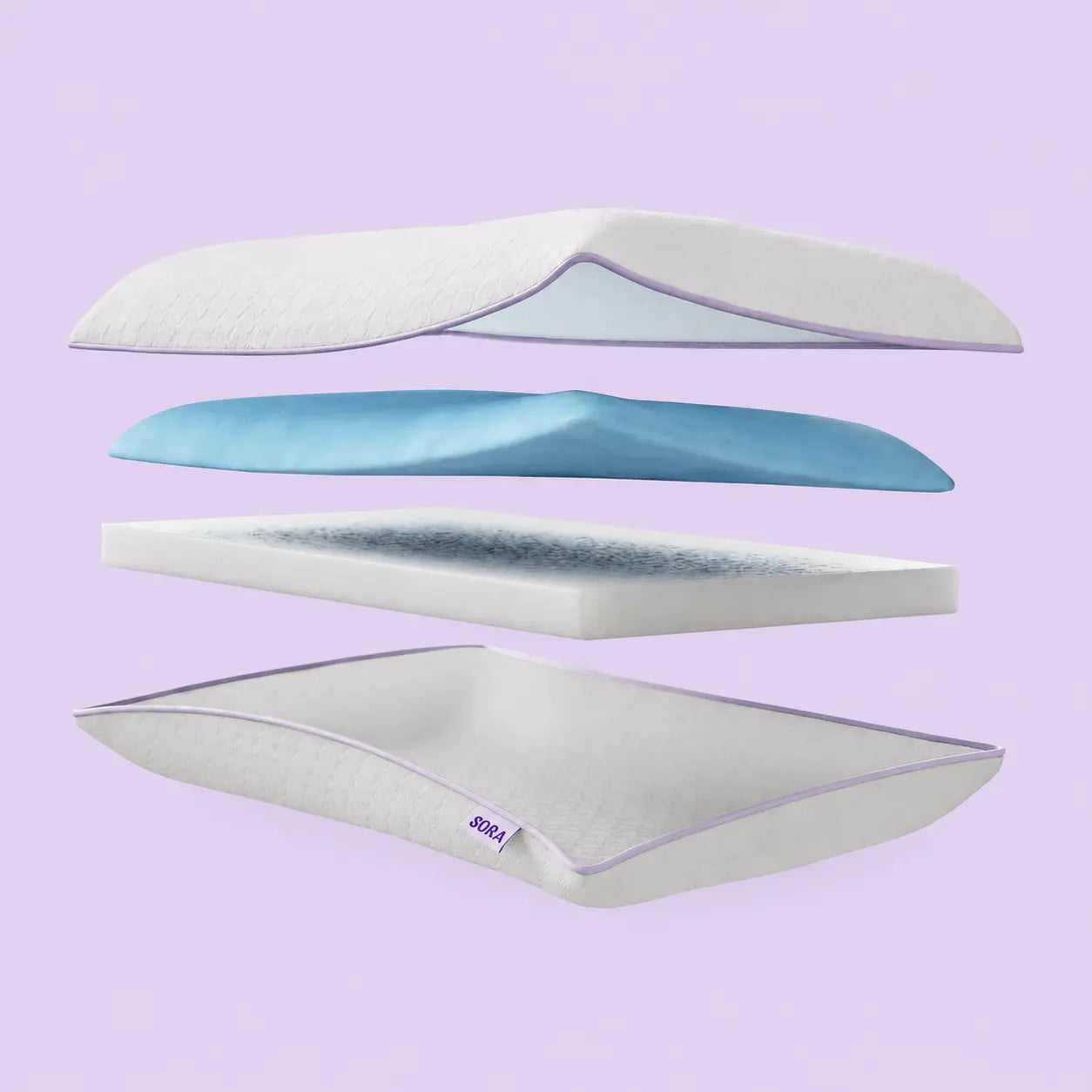 SORA Adjust side view full layer configuration on lavender background — CleanWeave™ cover, ViscoCool™ cooling layer, FlexBalance™ transition layer and base separated