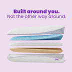 SORA Adjust pillow exploded layer view showing foam construction with Built around you headline on lavender background