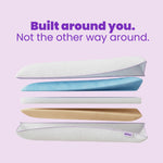 SORA Adjust pillow exploded layer view showing foam construction with Built around you headline on lavender background