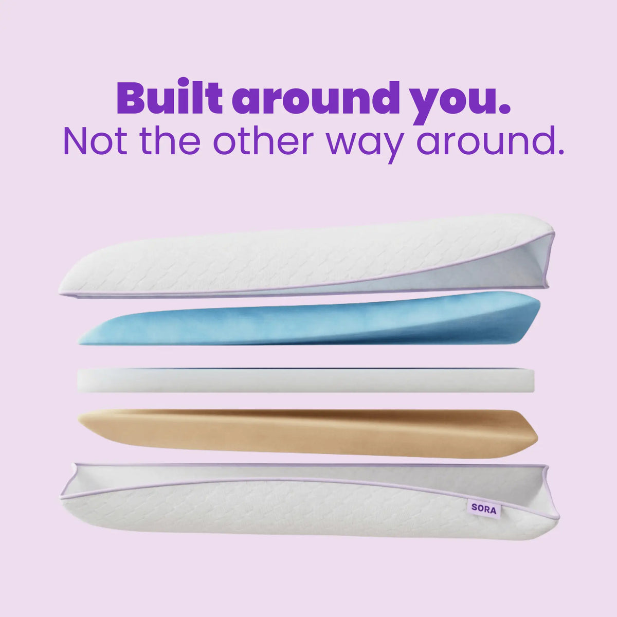 SORA Adjust pillow exploded layer view showing foam construction with Built around you headline on lavender background