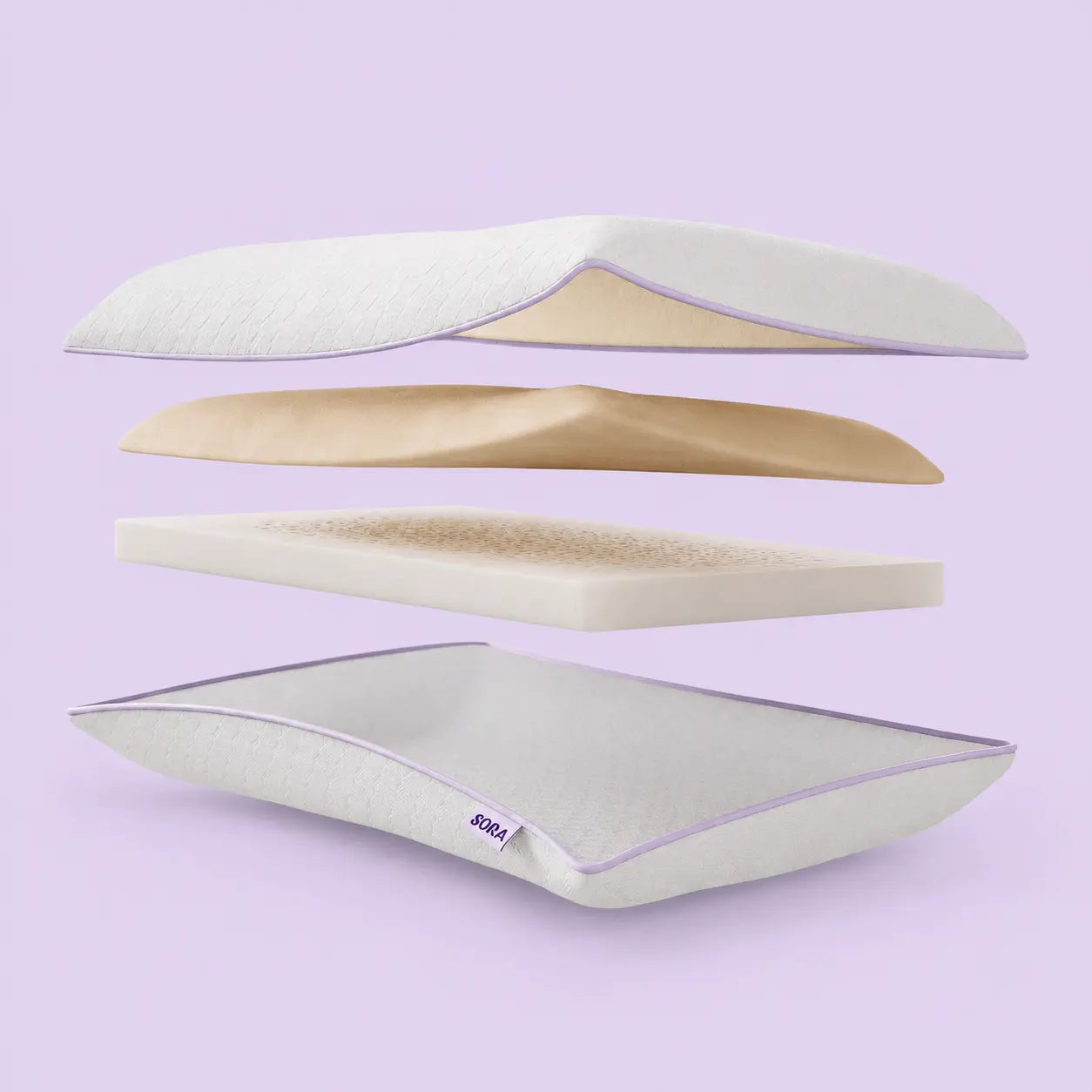 SORA Adjust side view exploded layers on lavender background — CleanWeave™ cover, NeckFlex™, FlexBalance™ and ViscoCool™ foam layers shown separated

