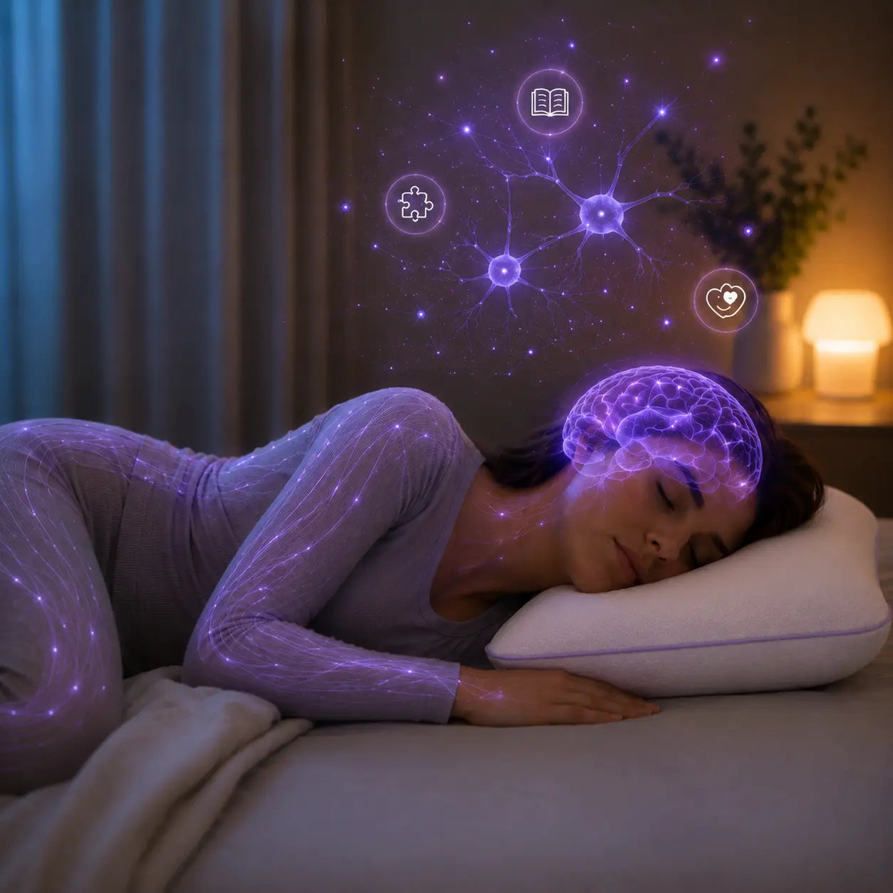Woman sleeping on SORA pillow with brain activity and cognitive function graphic overlay — illustrating the benefits of deep restorative sleep on memory, mood and cognitive performance