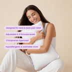 Woman hugging SORA Adjust pillow showing key features: neck pain relief, 4 firmness levels, chiropractor approved, hypoallergenic cover