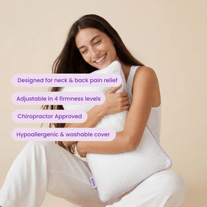 Woman hugging SORA Adjust pillow showing key features: neck pain relief, 4 firmness levels, chiropractor approved, hypoallergenic cover