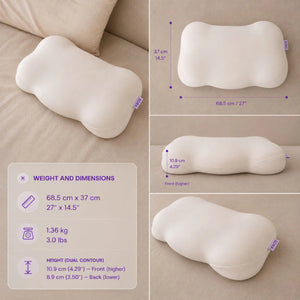 SORA Cloud ergonomic pillow dimensions — 68.5x37cm, dual contour height 10.9cm for side sleepers and 8.9cm for back sleepers, weight 1.36kg
