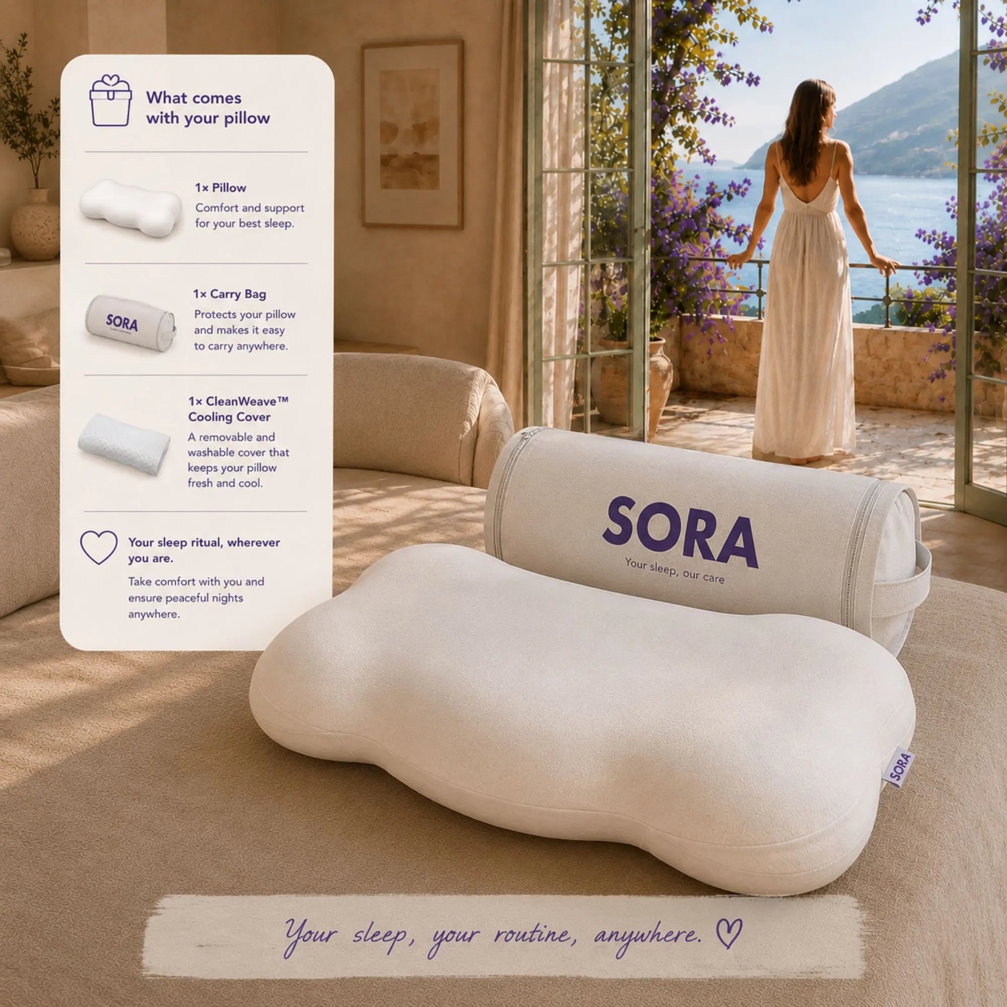 SORA Cloud ergonomic pillow with carry bag and CleanWeave™ cooling cover — complete sleep kit including washable removable cover