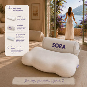 SORA Cloud ergonomic pillow with carry bag and CleanWeave™ cooling cover — complete sleep kit including washable removable cover