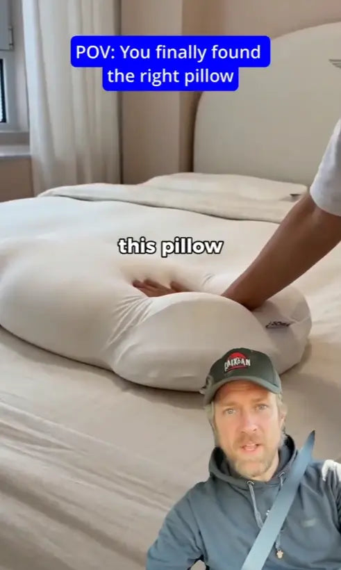 UGC video thumbnail — man testing SORA Cloud ergonomic pillow on a bed with text overlay "POV: You finally found the right pillow"