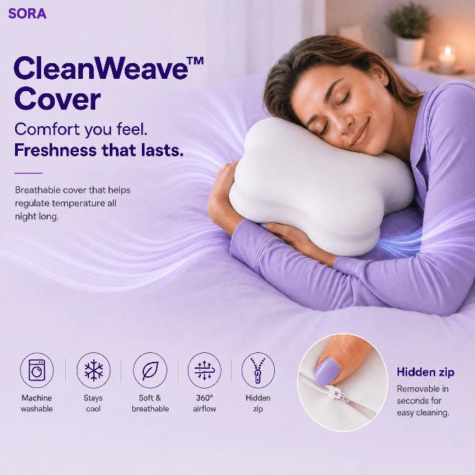 SORA Cloud CleanWeave™ breathable pillow cover - machine washable, stays cool, soft and breathable, 360° airflow, hidden zip for easy removal, regulates temperature all night