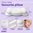 SORA Cloud ergonomic pillow dimensions 71x38cm, 10.9cm height — zero neck pressure, stays cool, perfect for side sleepers, no sleep wrinkles
