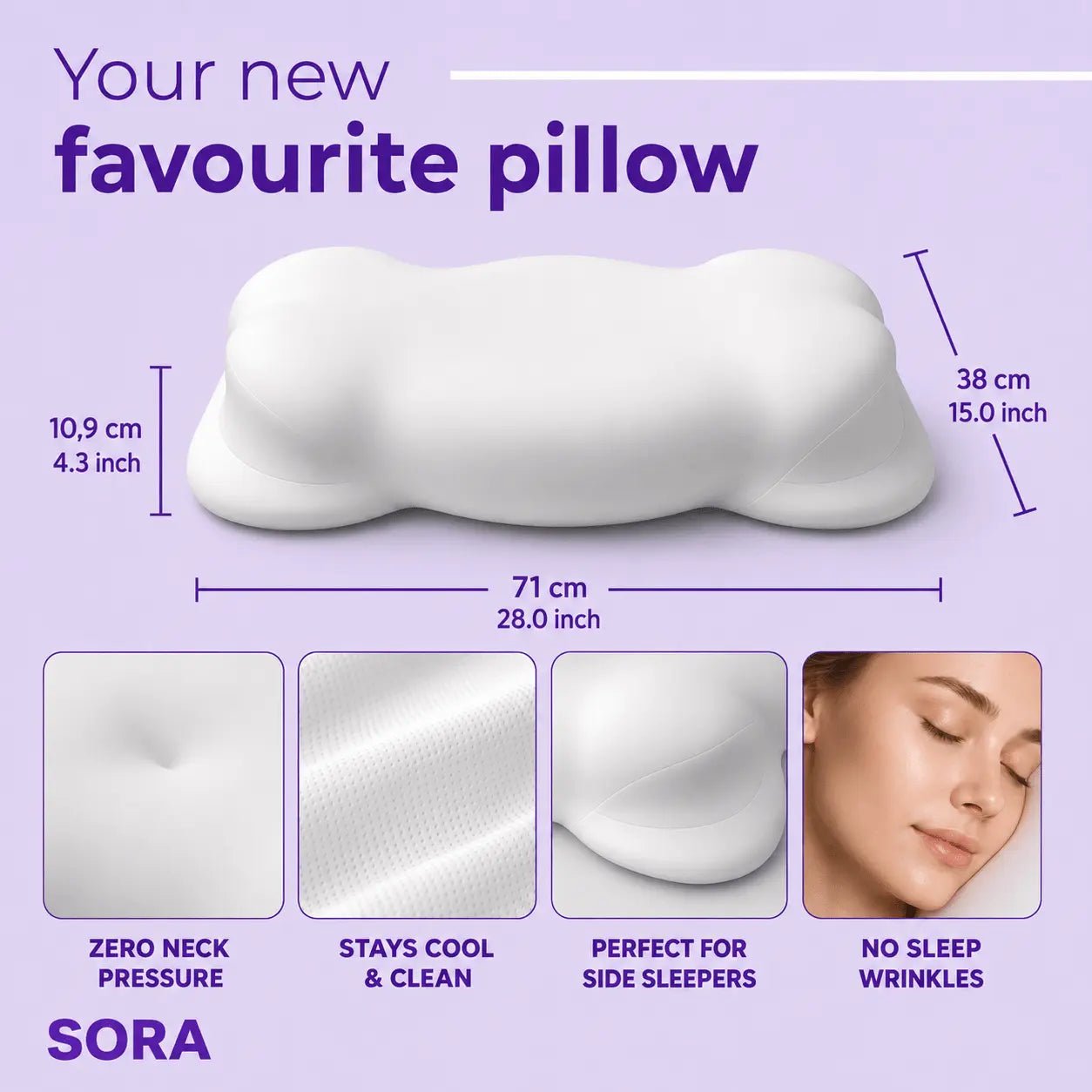SORA Cloud ergonomic pillow dimensions 71x38cm, 10.9cm height — zero neck pressure, stays cool, perfect for side sleepers, no sleep wrinkles