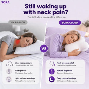 SORA Cloud vs regular pillow for side sleepers — regular pillow causes neck pressure, misalignment and restless sleep vs SORA Cloud providing neck pressure relief, natural alignment and deep restorative sleep