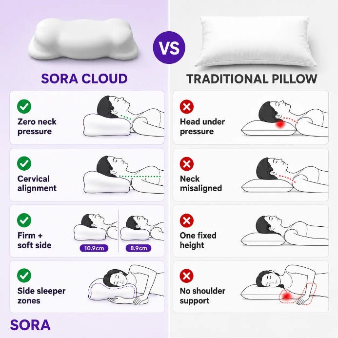 SORA Cloud ergonomic pillow vs traditional pillow: zero neck pressure, cervical alignment, dual height (10.9cm/8.9cm), and side sleeper zones vs head pressure, neck misalignment, fixed height, and no shoulder support