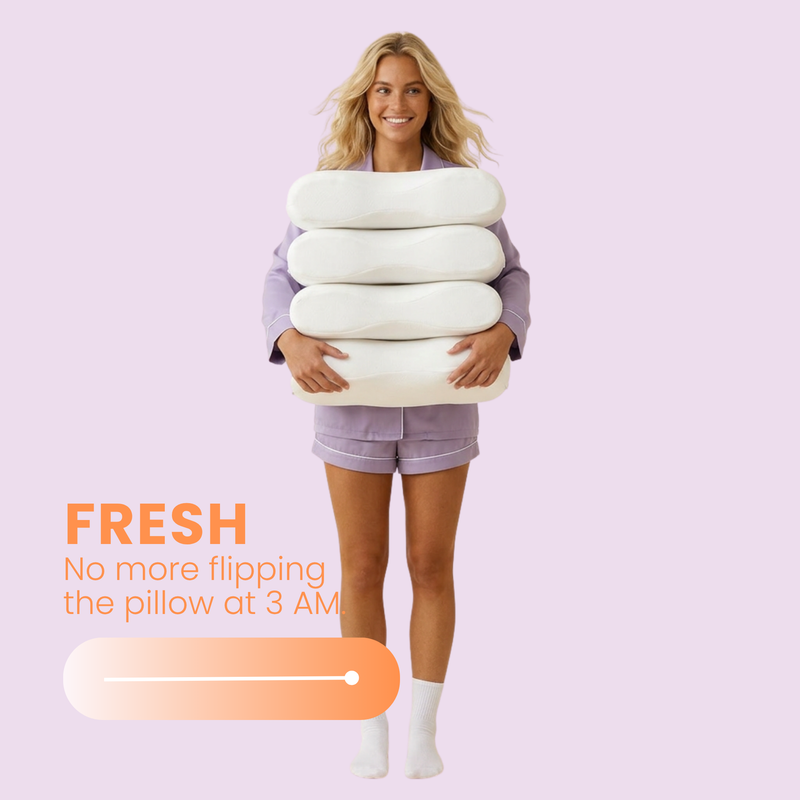 Woman holding SORA Cloud pillows CleanWeave cooling cover stays cool all night no more flipping pillow 3am