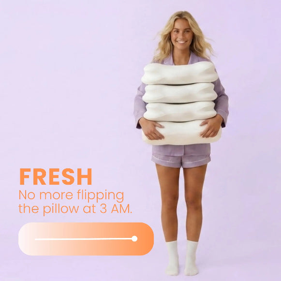 Woman holding SORA Cloud pillows CleanWeave cooling cover stays cool all night no more flipping pillow 3am