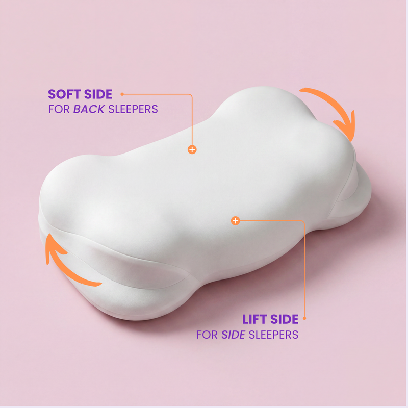 SORA Cloud ergonomic pillow travel bag in cream canvas with purple SORA logo, displayed on lavender background with tagline Your pillow. Everywhere.