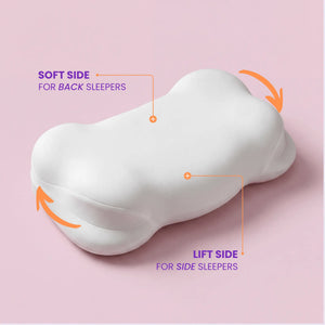 SORA Cloud ergonomic pillow travel bag in cream canvas with purple SORA logo, displayed on lavender background with tagline Your pillow. Everywhere.