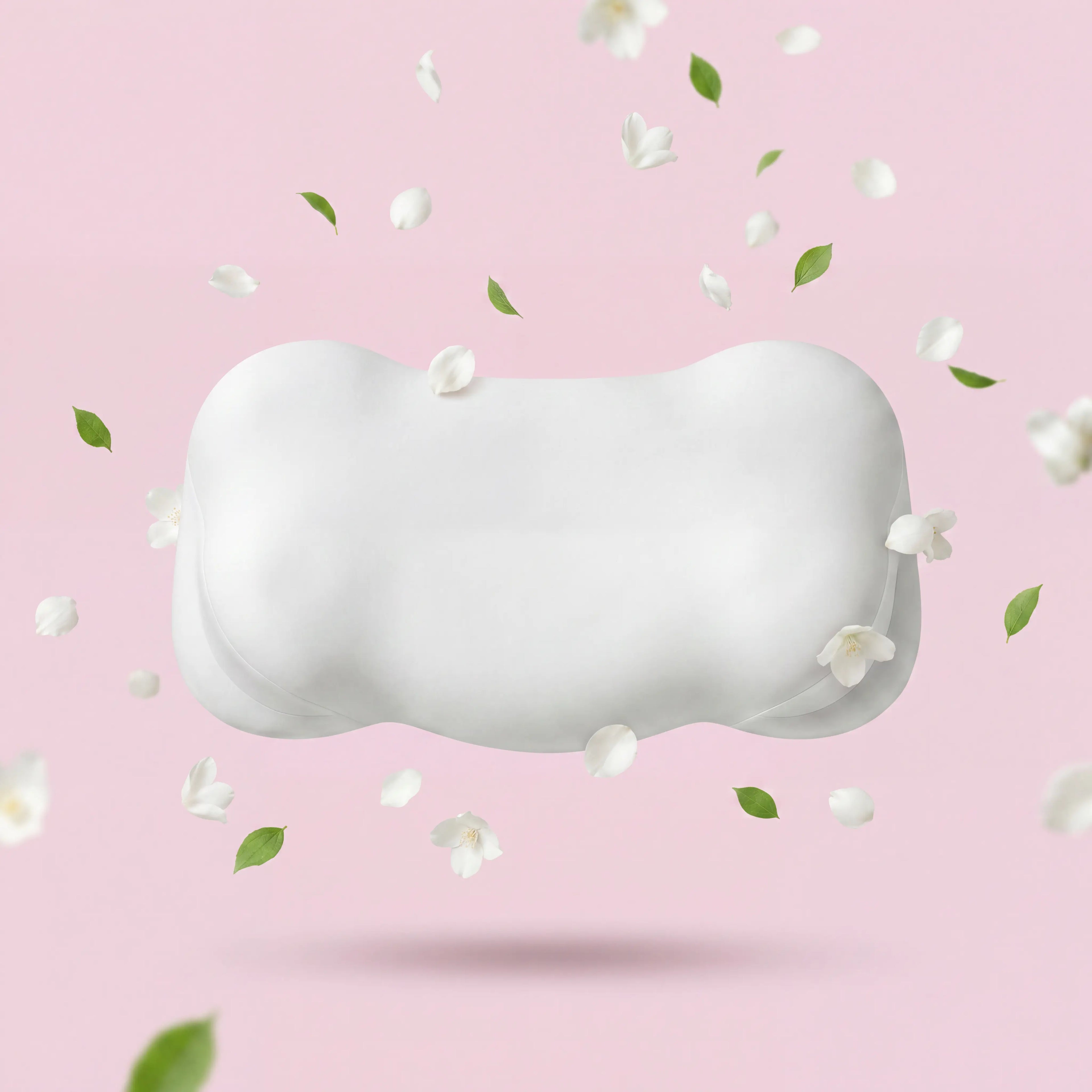 SORA Cloud ergonomic pillow floating white petals green leaves blush background hypoallergenic antibacterial CleanWeave cover