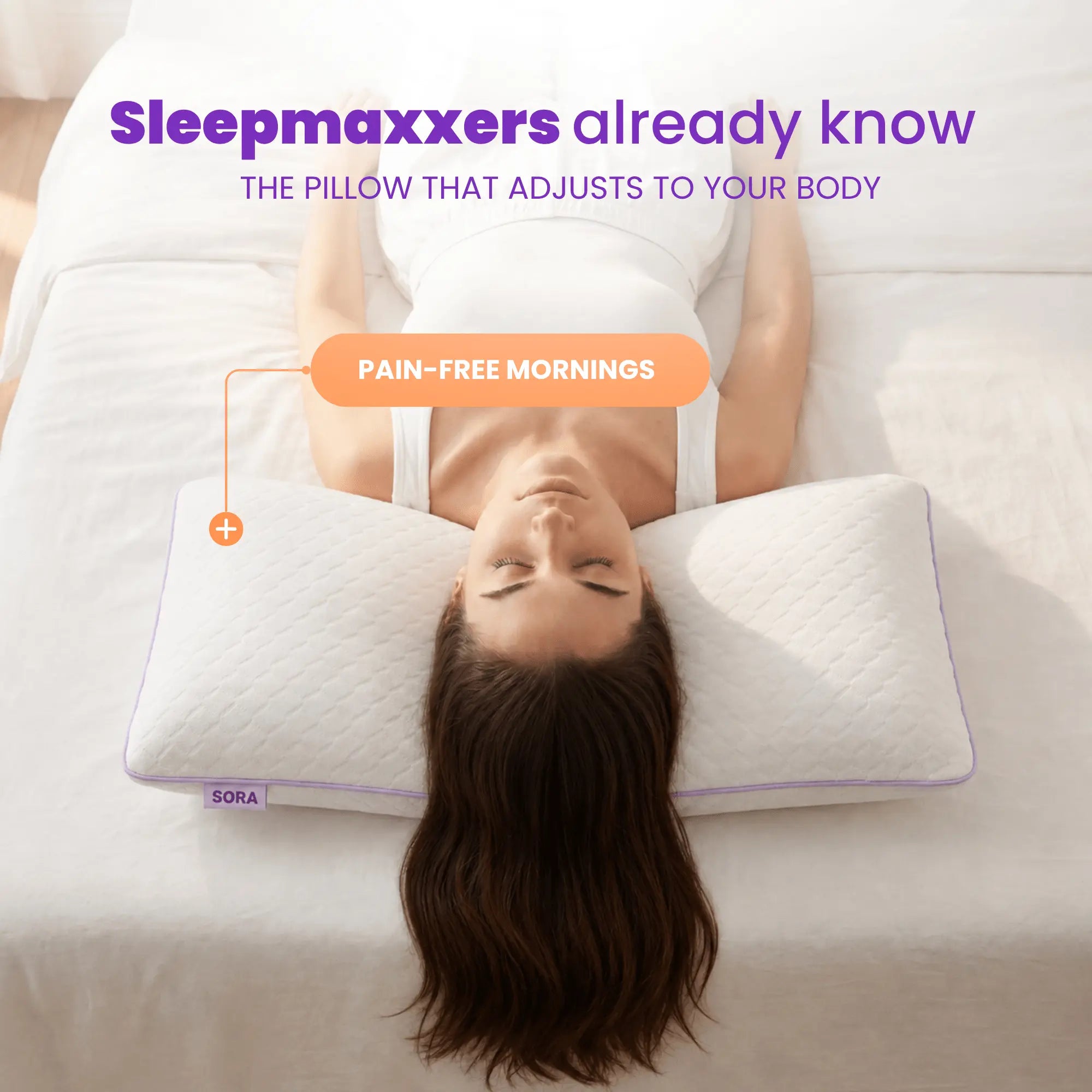 Overhead view of woman sleeping on SORA Adjust pillow with pain-free mornings callout for sleepmaxxing