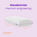 SORA Adjust ergonomic pillow dimensions 70cm by 40cm weighing 1.1kg shown on lavender background