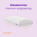 SORA Adjust ergonomic pillow dimensions 70cm by 40cm weighing 1.1kg shown on lavender background