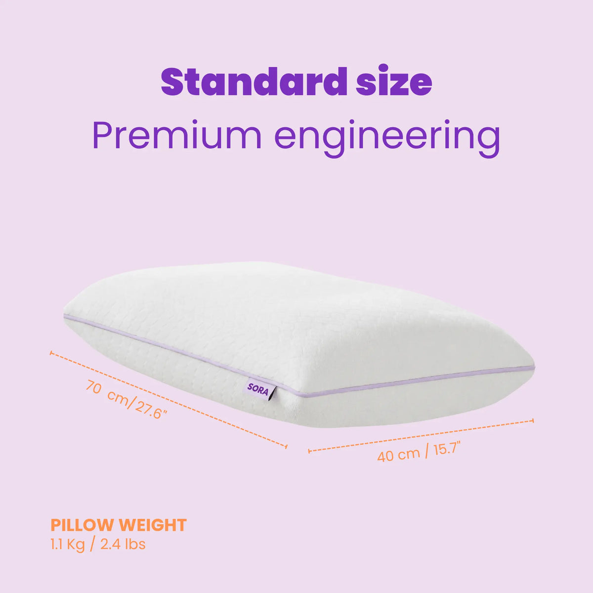 SORA Adjust ergonomic pillow dimensions 70cm by 40cm weighing 1.1kg shown on lavender background