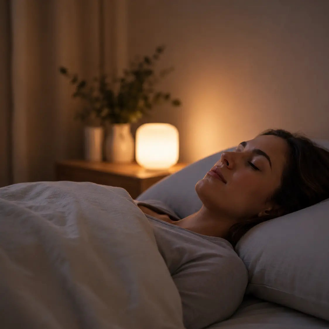 Woman sleeping peacefully in a dimly lit bedroom — lifestyle image showing restful sleep with warm ambient lighting
