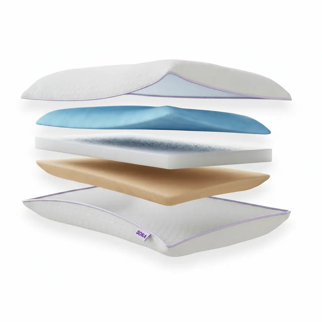 SORA Adjust exploded layer view — three removable foam layers shown separated: NeckFlex™ adaptive layer, FlexBalance™ transition layer, and ViscoCool™ cooling base, with CleanWeave™ cover
