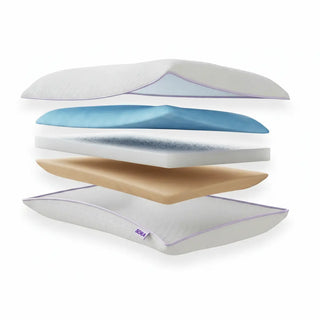SORA Adjust exploded layer view — three removable foam layers shown separated: NeckFlex™ adaptive layer, FlexBalance™ transition layer, and ViscoCool™ cooling base, with CleanWeave™ cover