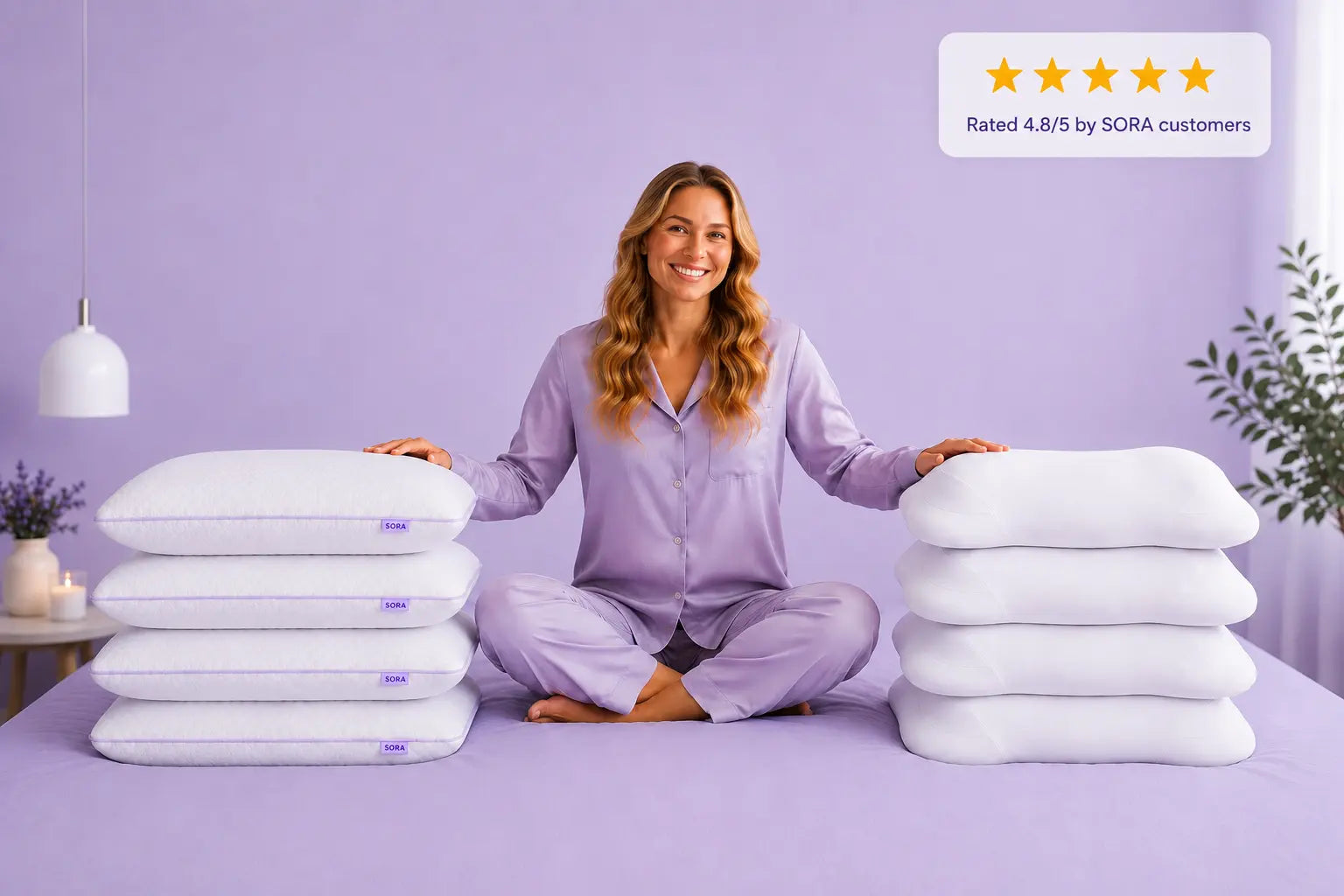 Woman in lavender pyjamas sitting between two stacks of SORA pillows on a bed — lifestyle image with 4.8/5 customer rating badge
