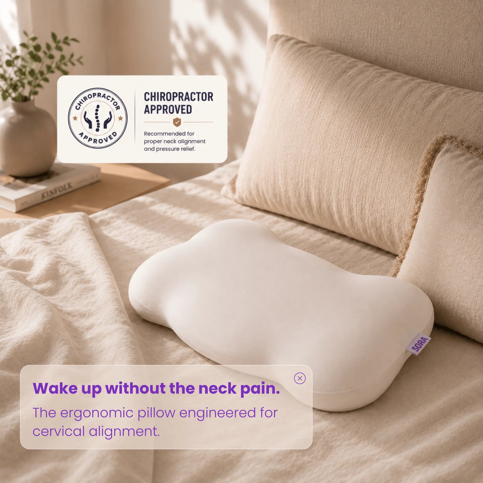 SORA Cloud chiropractor approved ergonomic pillow on a bed — recommended for cervical alignment and neck pain relief