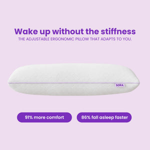 SORA Adjust ergonomic pillow on lavender background with 91% more comfort and 86% fall asleep faster statistics