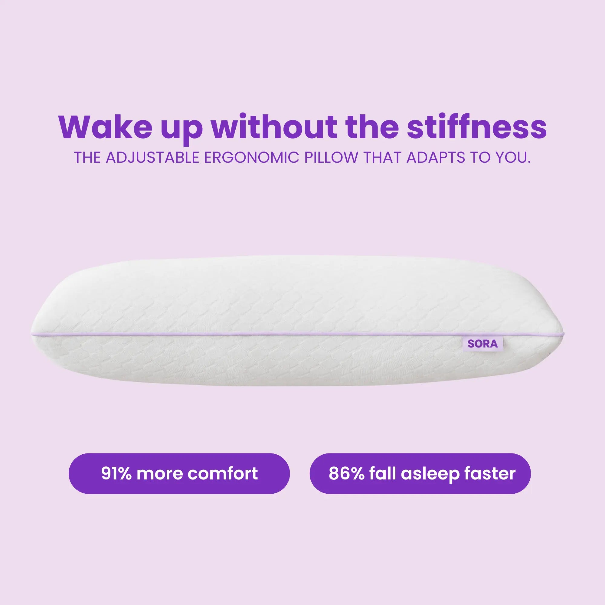 SORA Adjust ergonomic pillow on lavender background with 91% more comfort and 86% fall asleep faster statistics