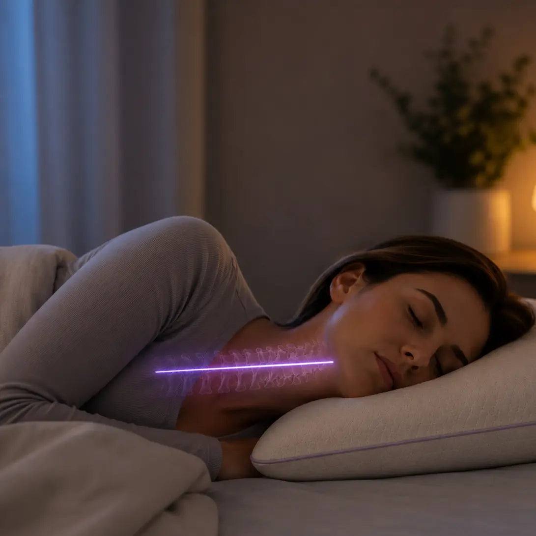 Woman sleeping on her side with spinal alignment graphic overlay — illustrating cervical and spine alignment during sleep on SORA pillow
